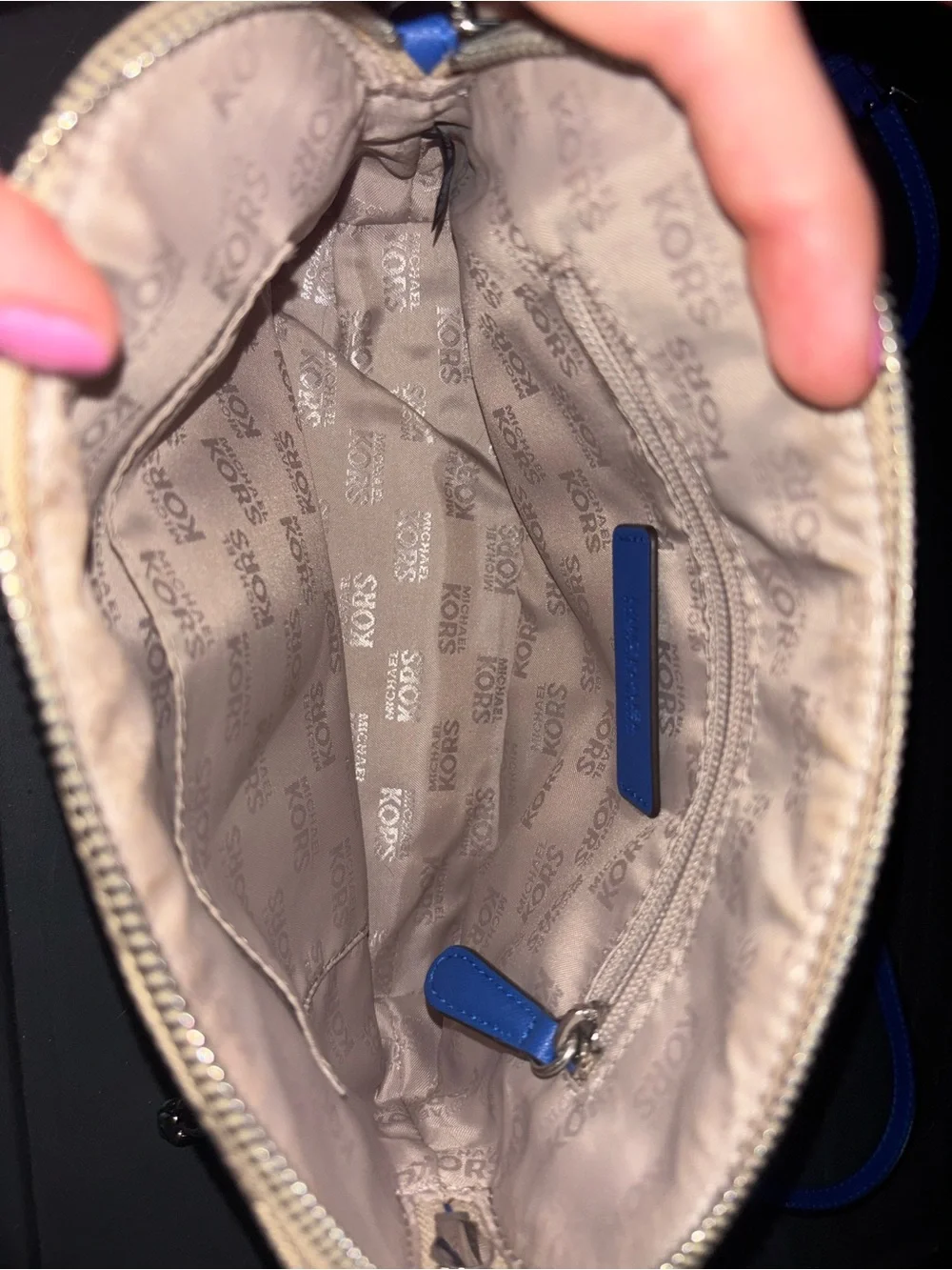 Michael Kors Beige MK Logo Crossbody with Blue Strap